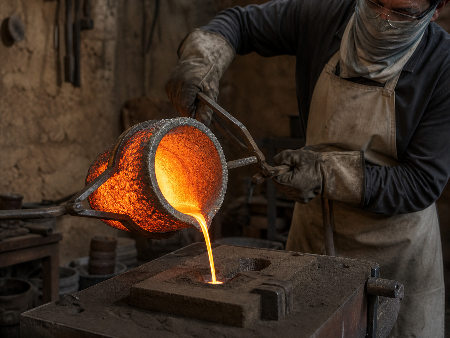 Artisan pouring molten brass from a crucible into a sand mould